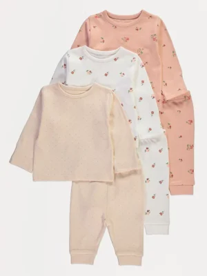 Set me 3 palë pijama me lule, rozë, me mëngë të gjata