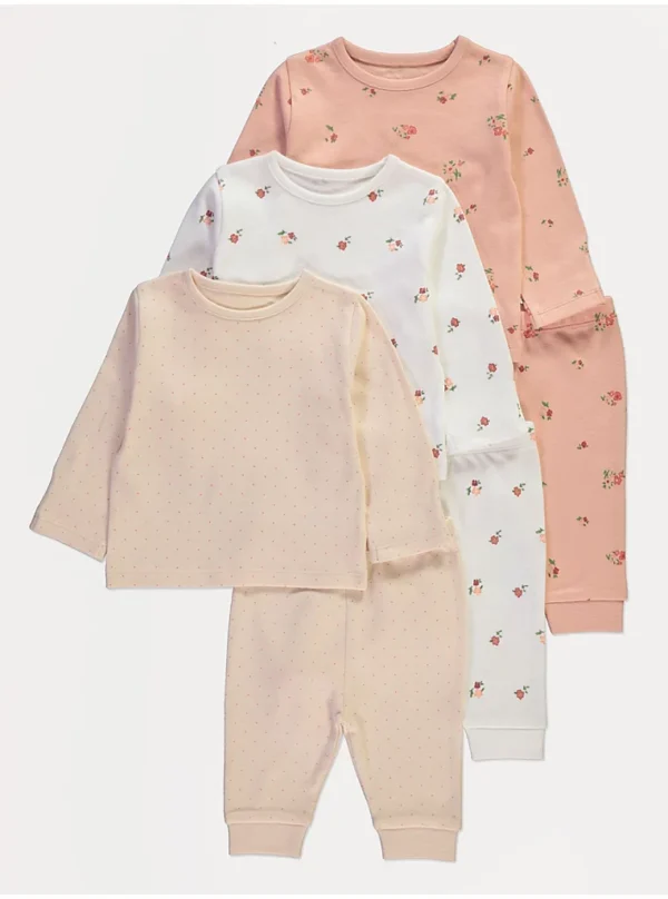 Set me 3 palë pijama me lule, rozë, me mëngë të gjata