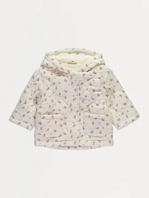 Xhaketë me kapuç e qepur, me motive lulesh ngjyrë kremi