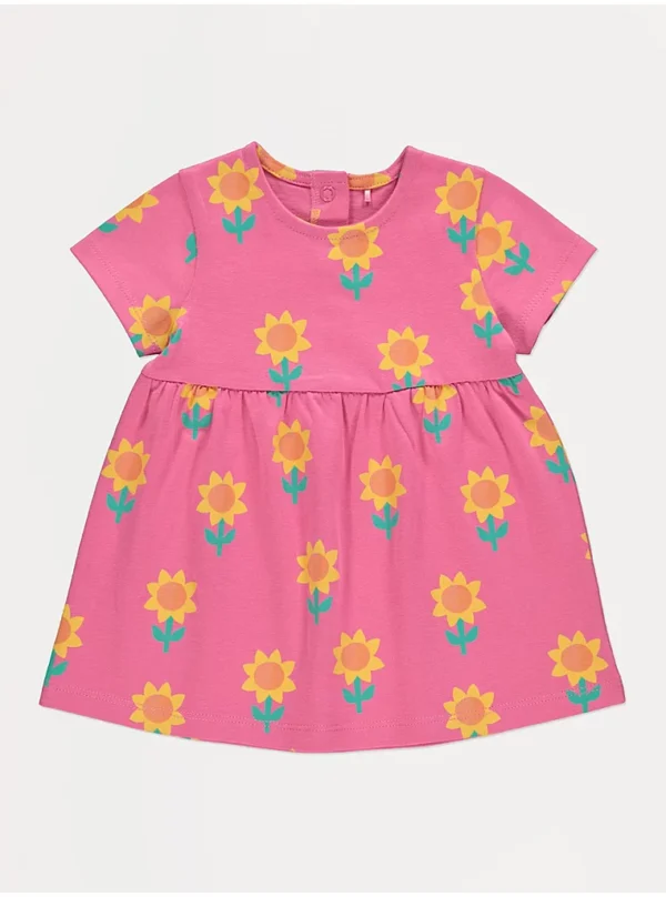 Fustan me mëngë të shkurtra me wzër luledielli rozë (më pak formal)