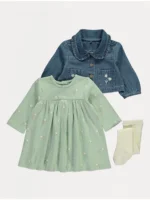 Veshje me fustan jeshil me lule, xhaketë xhins dhe geta