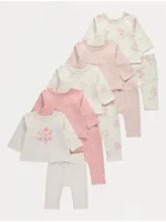Set 5 copë me bluzë me mëngë të gjata me lule në ngjyrë krem dhe leggins