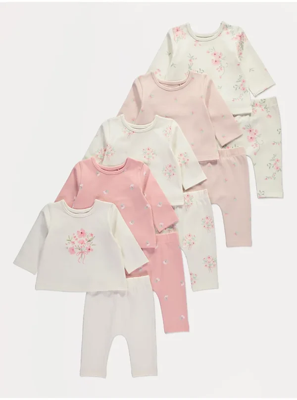 Set 5 copë me bluzë me mëngë të gjata me lule në ngjyrë krem dhe leggins