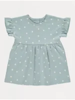 “Fustan ngjyrë petrol me pika dhe mëngë të shkurtra”