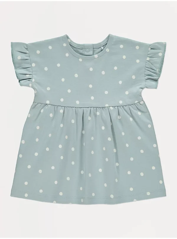 “Fustan ngjyrë petrol me pika dhe mëngë të shkurtra”