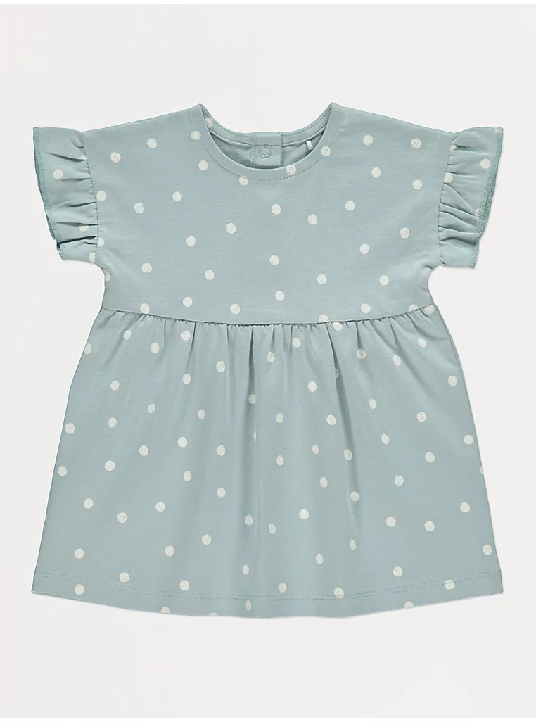 “Fustan ngjyrë petrol me pika dhe mëngë të shkurtra”