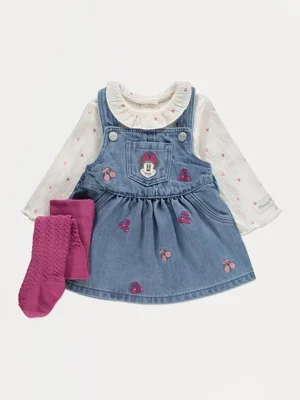 Veshje Disney Minnie me fustan pinafore, bodysuit dhe strumpa