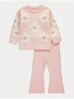 Pulovër dhe pantallona të thurura me lule rozë dhe zemër