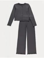 Veshje me bluzë ribbed antracit dhe pantallona wide leg