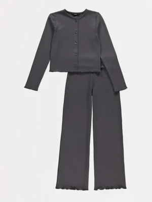 Veshje me bluzë ribbed antracit dhe pantallona wide leg