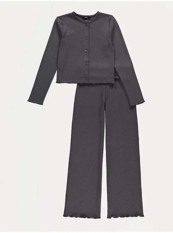 Veshje me bluzë ribbed antracit dhe pantallona wide leg