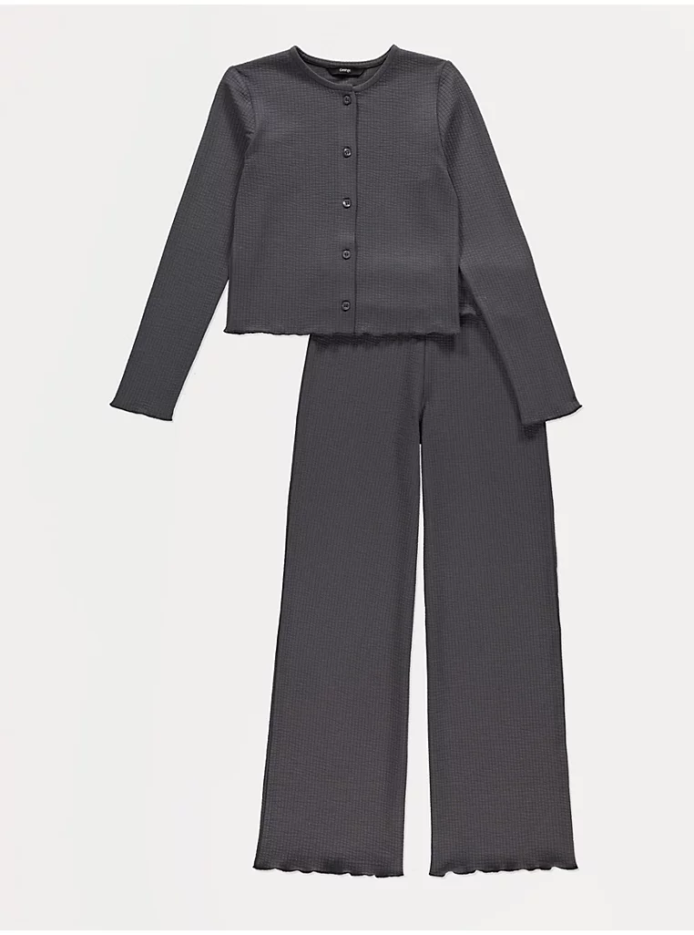 Veshje me bluzë ribbed antracit dhe pantallona wide leg