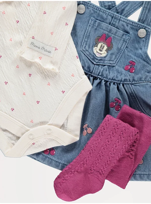 Veshje Disney Minnie me fustan pinafore, bodysuit dhe strumpa