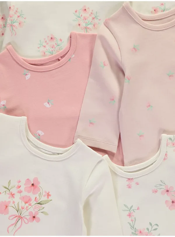 Set 5 copë me bluzë me mëngë të gjata me lule në ngjyrë krem dhe leggins