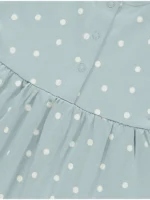 “Fustan ngjyrë petrol me pika dhe mëngë të shkurtra”