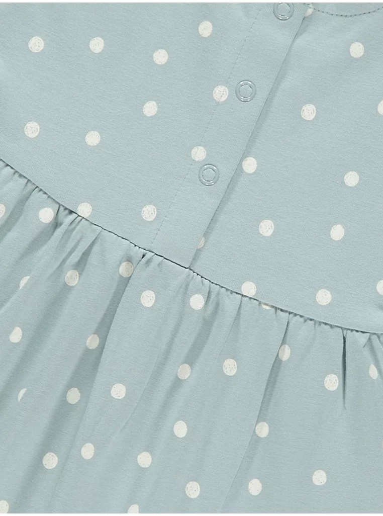 “Fustan ngjyrë petrol me pika dhe mëngë të shkurtra”