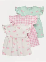 Set me 3 fustane pastel me luleshtrydhe dhe model kuadratesh