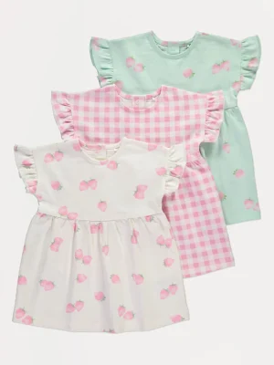 Set me 3 fustane pastel me luleshtrydhe dhe model kuadratesh