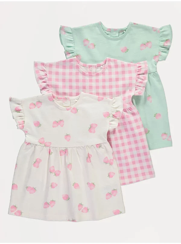 Set me 3 fustane pastel me luleshtrydhe dhe model kuadratesh