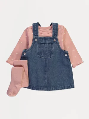 Set me bodysuit rozë, fustan denim pinafore dhe çorape