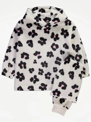 Pizhame fleece të bardha me print leopardi dhe kapuç